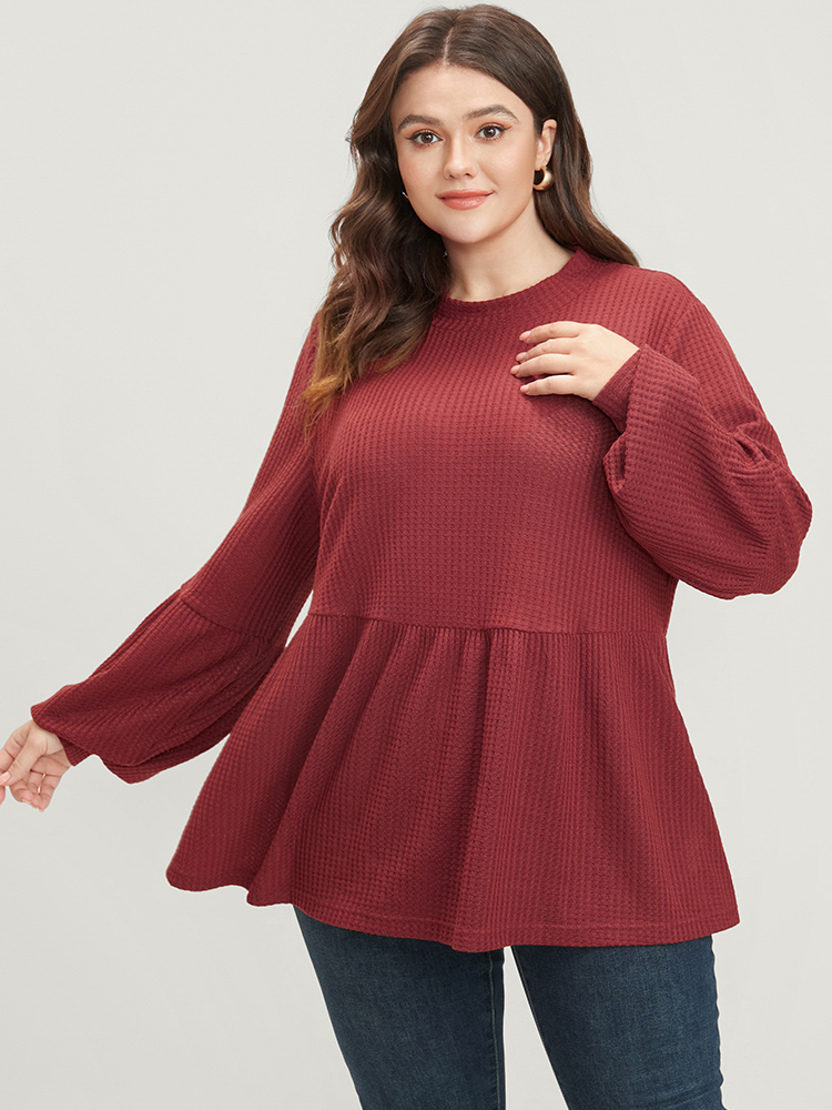 

Plus Size Russet Solid Lantern Sleeve Ruffle Hem Textured Blouse Women Elegant Long Sleeve Round Neck Dailywear Blouses BloomChic