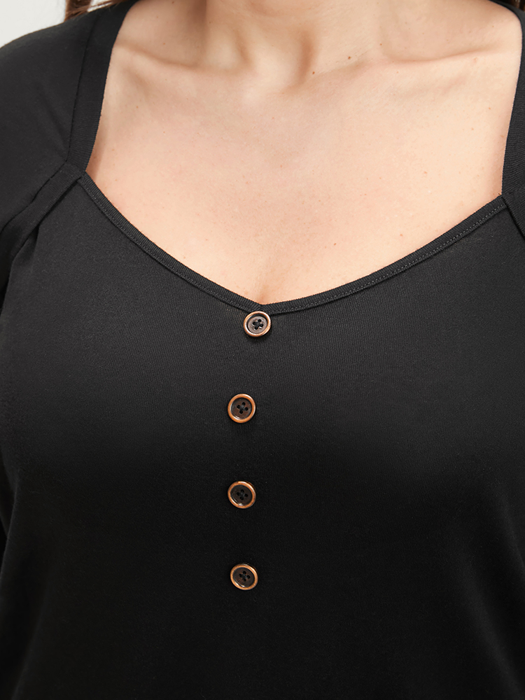 

Plus Size Solid Button Detail V Neck Long Tee Black Women Elegant Button Plain V-neck Dailywear T-shirts BloomChic