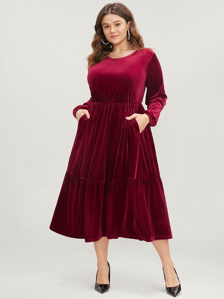 

Plus Size Solid Pocket Lantern Sleeve Velvet Flutter Dress Burgundy Women Party Plain Round Neck Long Sleeve Curvy Long Dress BloomChic