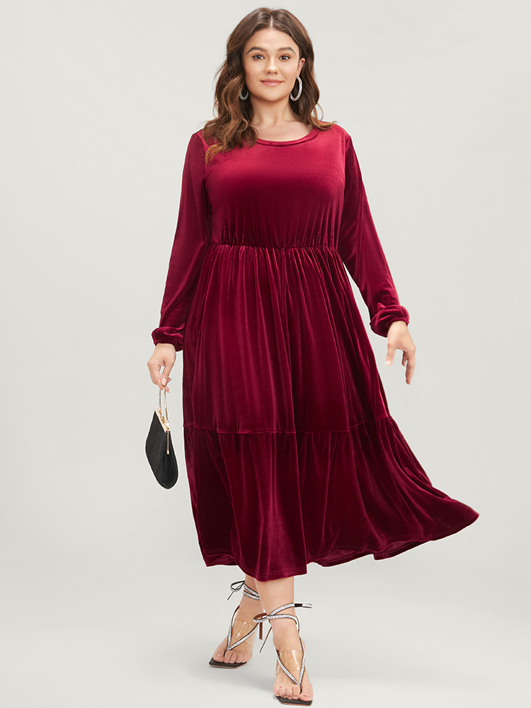 

Plus Size Solid Pocket Lantern Sleeve Velvet Flutter Dress Burgundy Women Party Plain Round Neck Long Sleeve Curvy Long Dress BloomChic