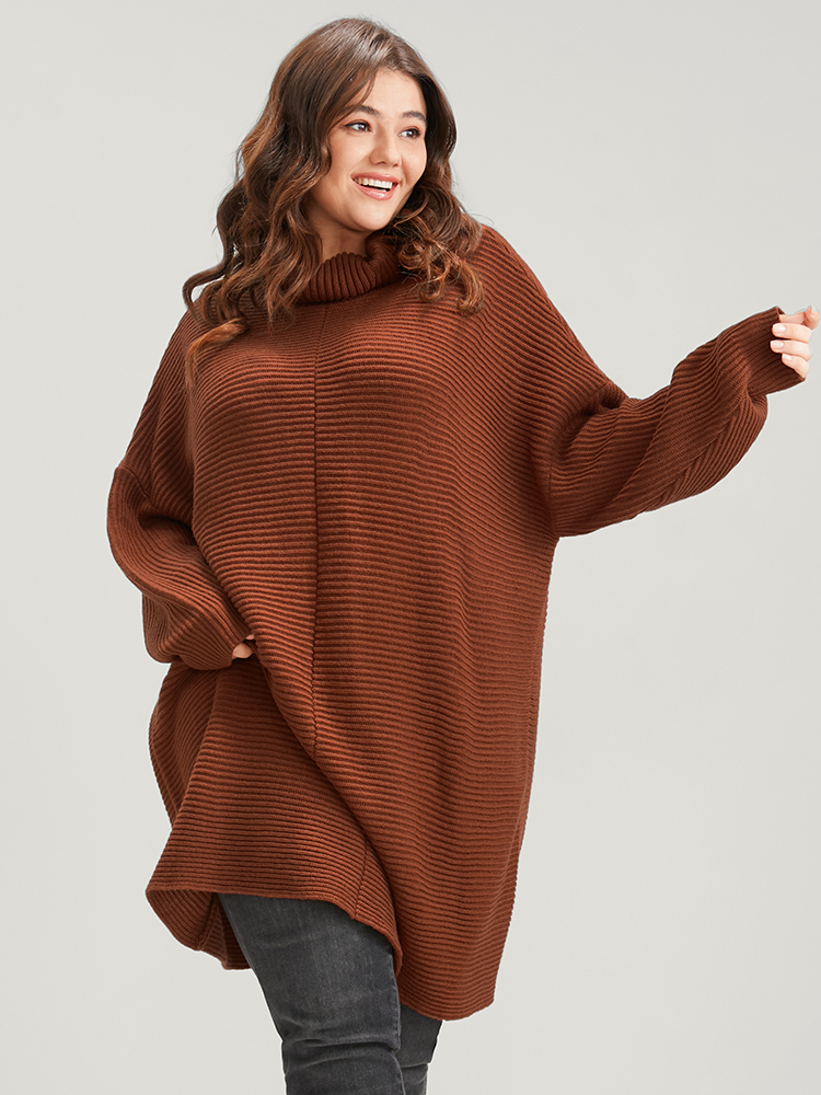 

Plus Size Solid Pointelle Knit Dolman Sleeve Funnel Neck Knit Top Brown Women Elegant Oversized Long Sleeve Turtleneck Dailywear Pullovers BloomChic