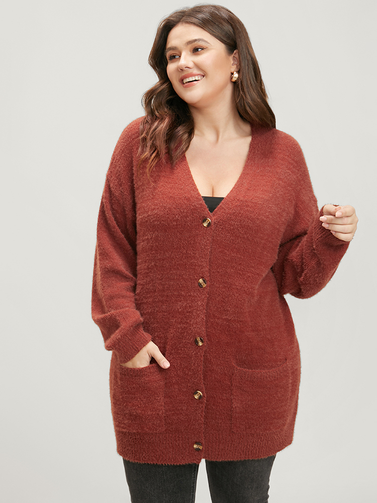 

Plus Size Solid Pointelle Knit Pocket Button Front Heather Cardigan Maroon Women Casual Loose Long Sleeve Dailywear Cardigans BloomChic