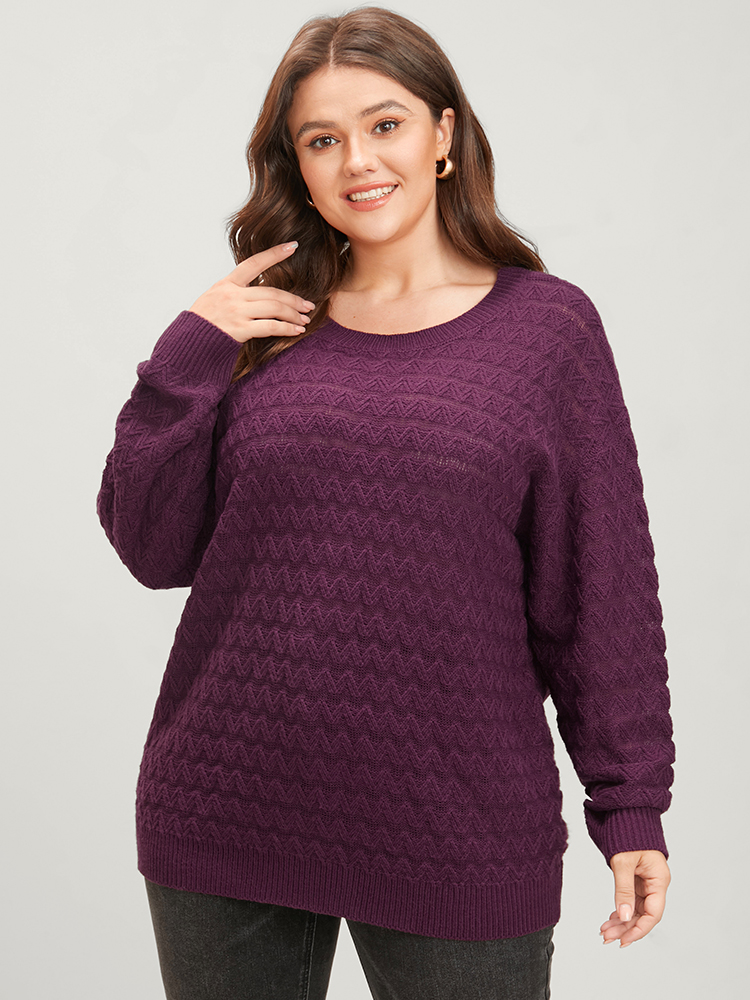 

Plus Size Solid Geometric Pointelle Knit Round Neck Knit Top Eggplant Women Elegant Loose Long Sleeve Dailywear Pullovers BloomChic