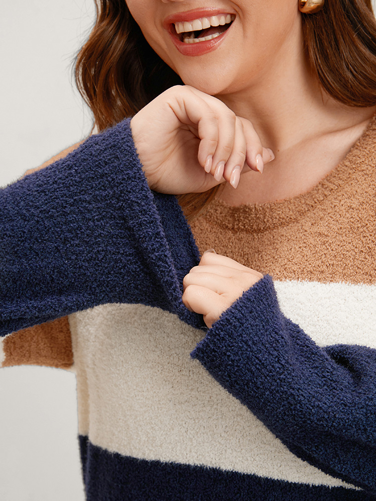 Colorblock Contrast Super Soft Knit Round Neck Knit Top BloomChic 