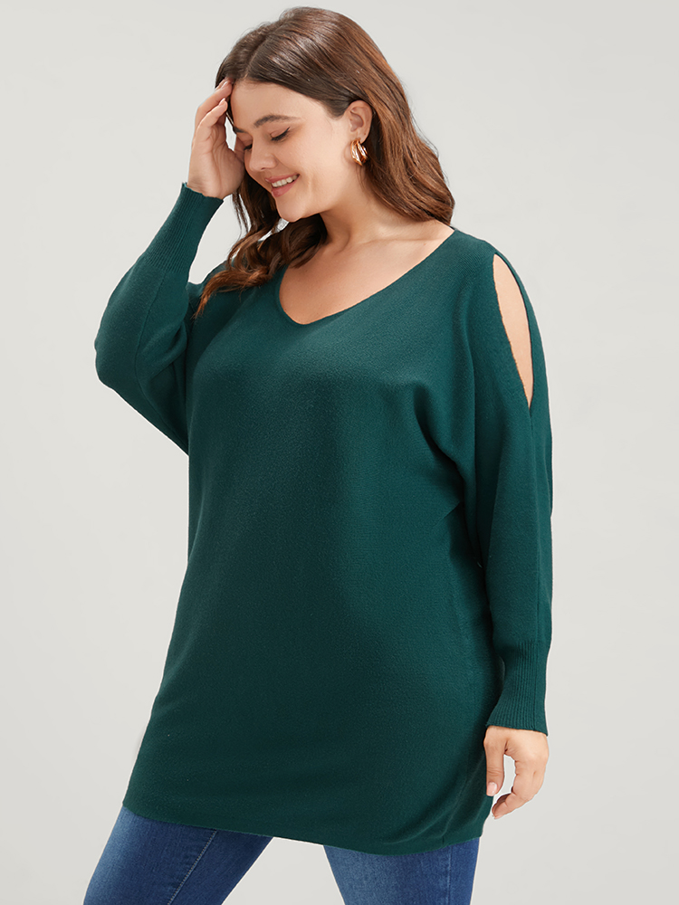 

Plus Size Solid Soft Sexy Yarn Knit Dolman Sleeve Cold Shoulder Knit Top Cyan Women Elegant Loose Long Sleeve Scoop Neck Dailywear Pullovers BloomChic