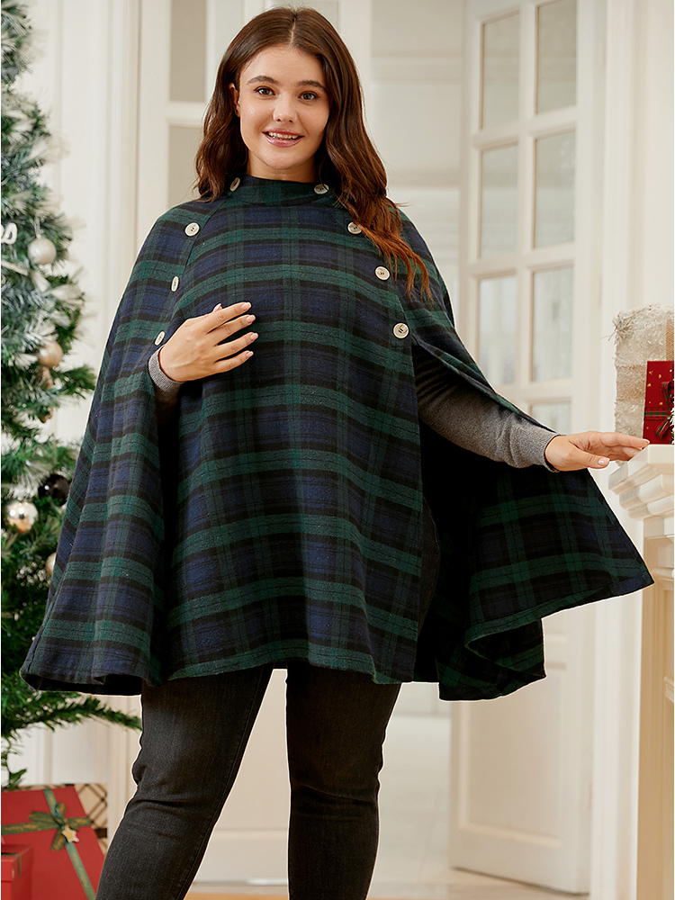 

Plus Size Tartan Button Side Cape Coat Without Hat Women DarkGreen Elegant Button Loose Ladies Dailywear Winter Coats BloomChic