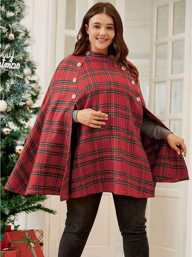 

Plus Size Tartan Button Side Cape Coat Without Hat Women Scarlet Elegant Button Loose Ladies Dailywear Winter Coats BloomChic