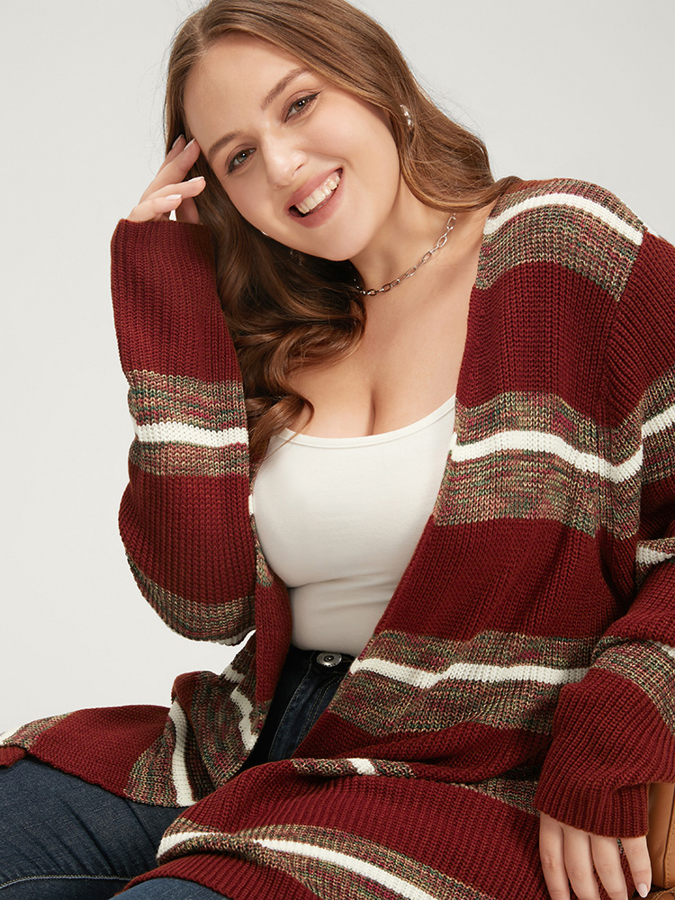 

Plus Size Striped Contrast Pointelle Knit Open Front Heather Cardigan Burgundy Women Casual Loose Long Sleeve Dailywear Cardigans BloomChic