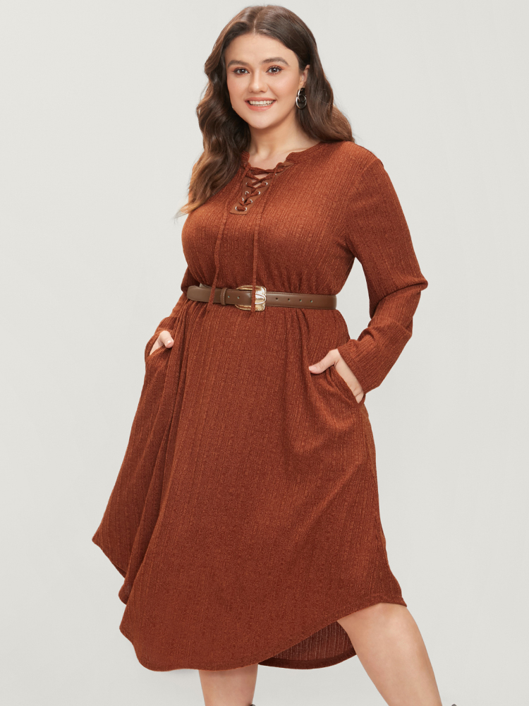 

Plus Size Solid Pocket Lace Up Arc Hem Dress Without Belt Rust Women Elegant Cross straps V-neck Long Sleeve Curvy Midi Dress BloomChic