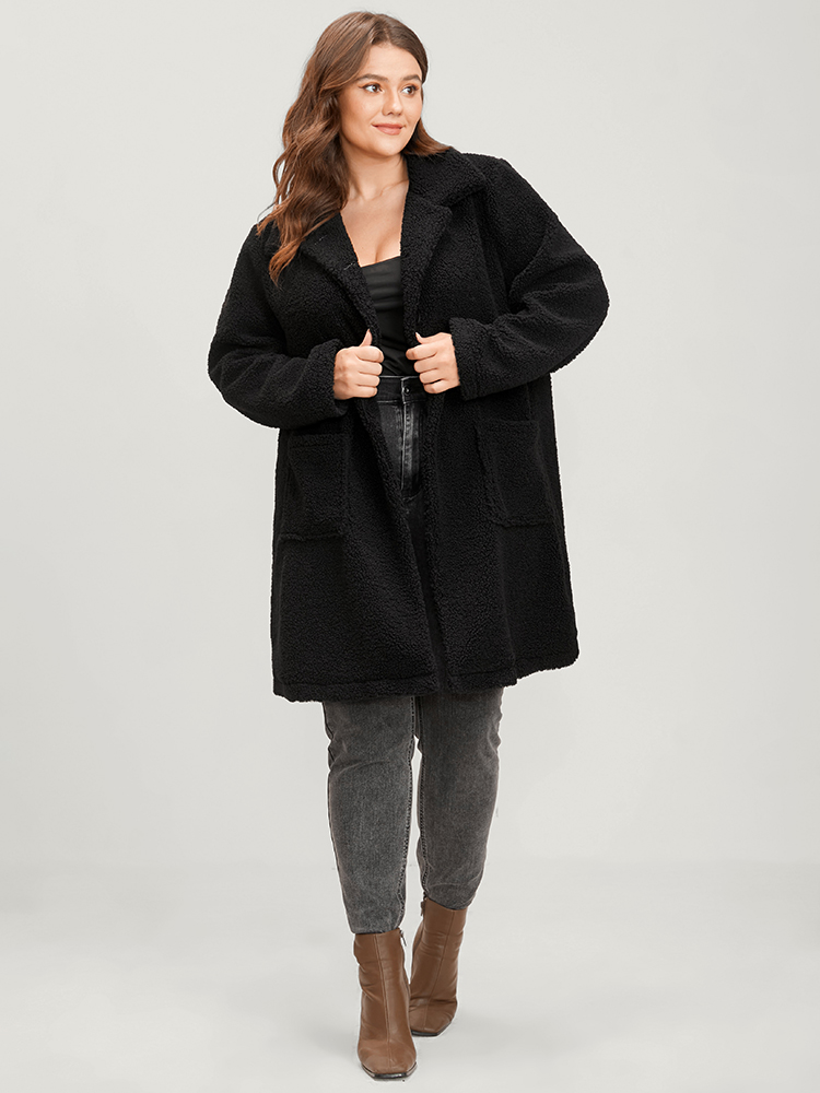 Plus Size Solid Suit Collar Pocket Button Up Teddy Blazer Women Black Casual Ladies Dailywear Winter Coats BloomChic 14-16/1X 