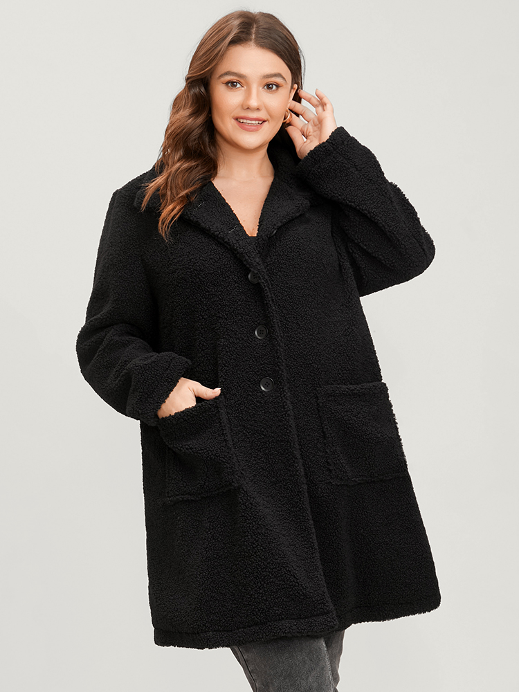 Plus Size Solid Suit Collar Pocket Button Up Teddy Blazer Women Black Casual Ladies Dailywear Winter Coats BloomChic 14-16/1X 