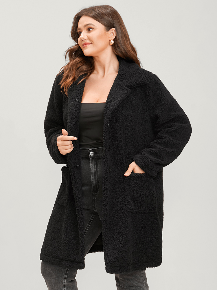 Plus Size Solid Suit Collar Pocket Button Up Teddy Blazer Women Black Casual Ladies Dailywear Winter Coats BloomChic 14-16/1X 