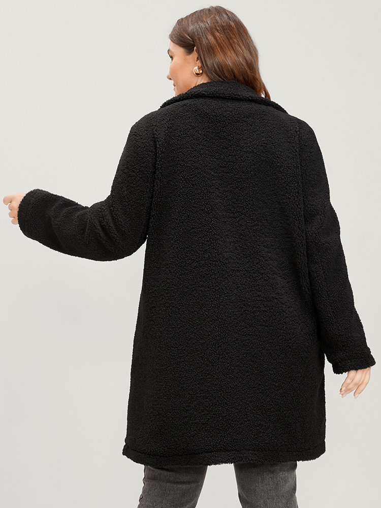 Plus Size Solid Suit Collar Pocket Button Up Teddy Blazer Women Black Casual Ladies Dailywear Winter Coats BloomChic 14-16/1X 