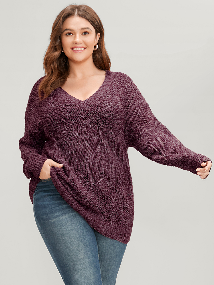 

Plus Size Solid Pointelle Knit Eyelet V Neck Heather Knit Top Russet Women Elegant Loose Long Sleeve V-neck Dailywear Pullovers BloomChic