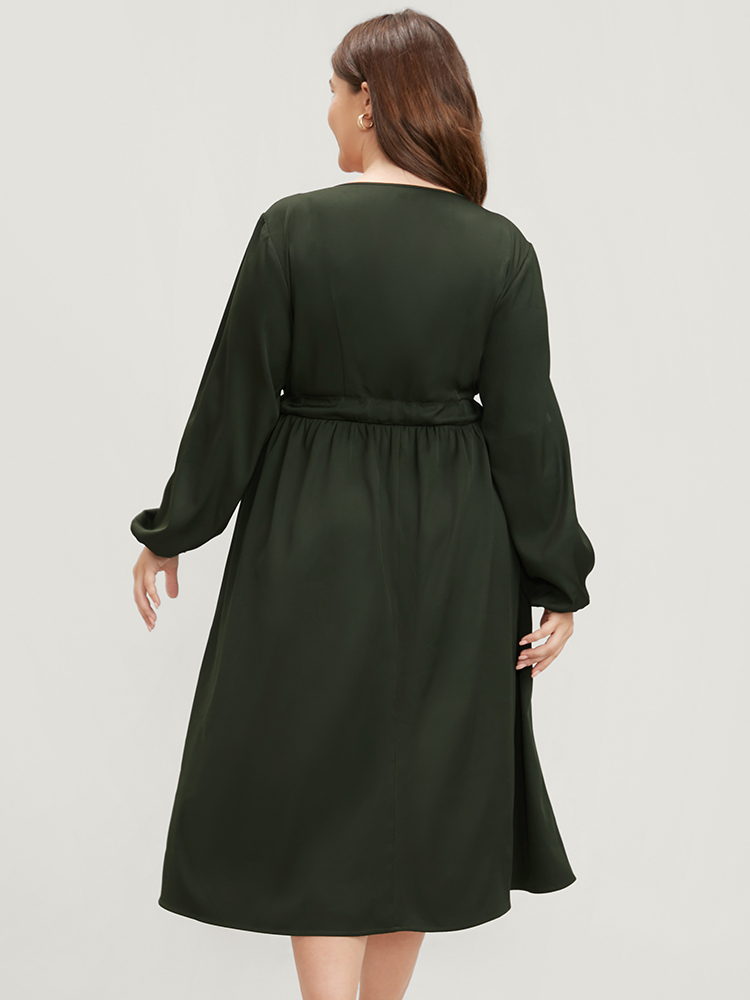 Plus Size Women Work Plain Belted Lantern Sleeve Long Sleeve V-neck Pocket Belt Office Dresses BloomChic 