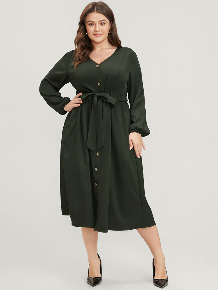 

Plus Size Solid Button Through Pocket Lantern Sleeve Tie Up Dress ArmyGreen Women Office Belted V-neck Long Sleeve Curvy Midi Dress BloomChic