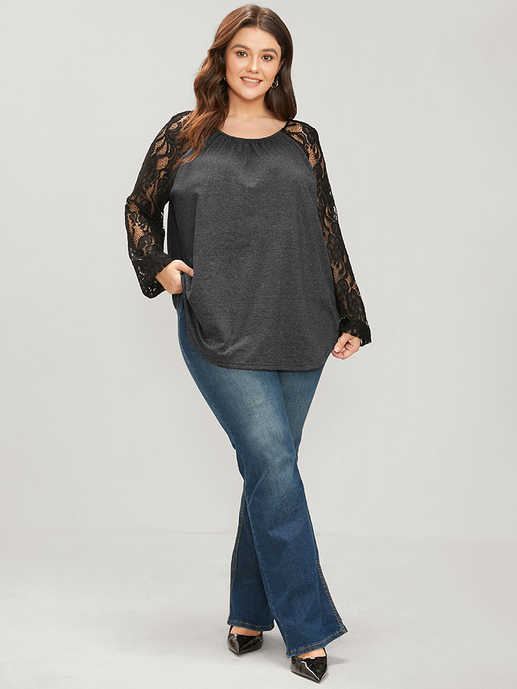 

Plus Size Solid Contrast Lace Gathered Round Neck Long Tee DimGray Round Neck Long Sleeve Elegant Jersey Tops