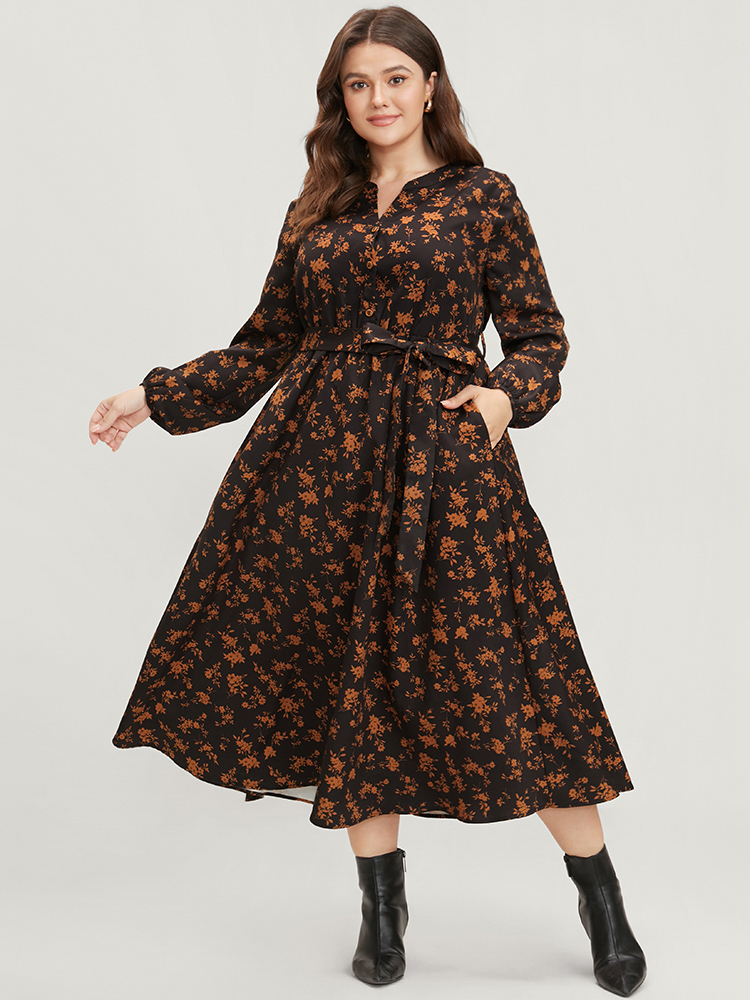 

Plus Size Ditsy Floral Pocket Belted Lantern Sleeve Midi Dress Black Women Elegant Button V-neck Long Sleeve Curvy Midi Dress BloomChic