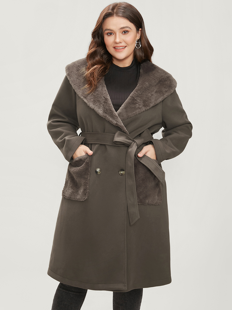 

Plus Size Solid Double Breasted Pocket Lapel Collar Fuzzy Trim Belted Coat Women ArmyGreen Elegant Patchwork Ladies Dailywear Winter Coats BloomChic
