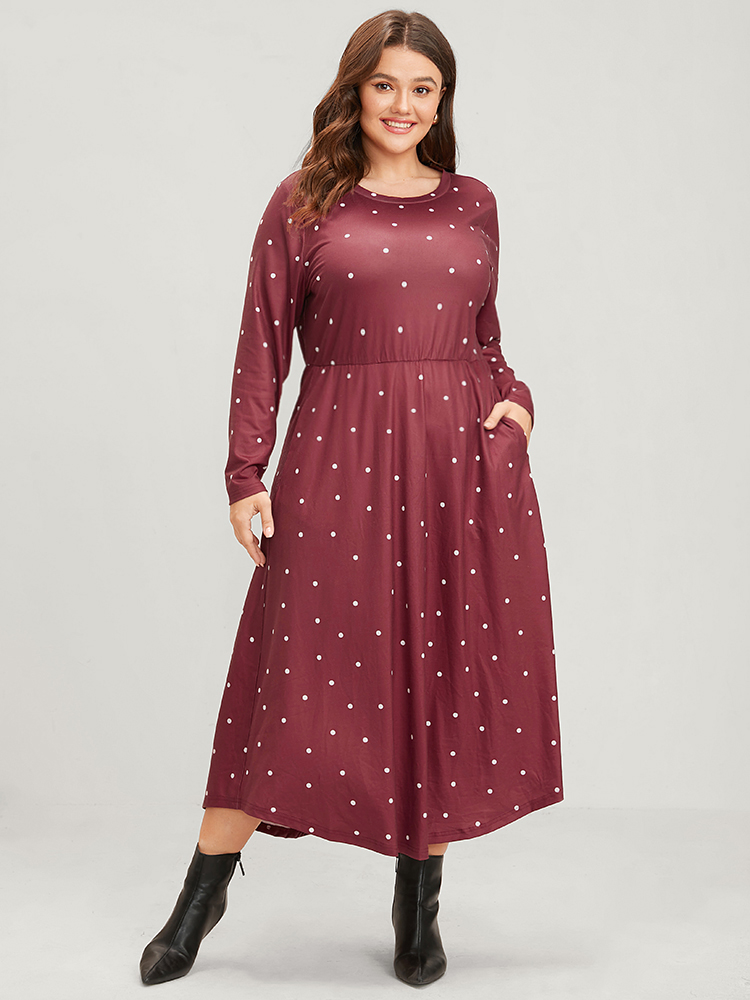 

Plus Size Polka Dot Pocket Round Neck Midi Dress DustyPink Women Elegant Pocket Round Neck Long Sleeve Curvy Midi Dress BloomChic