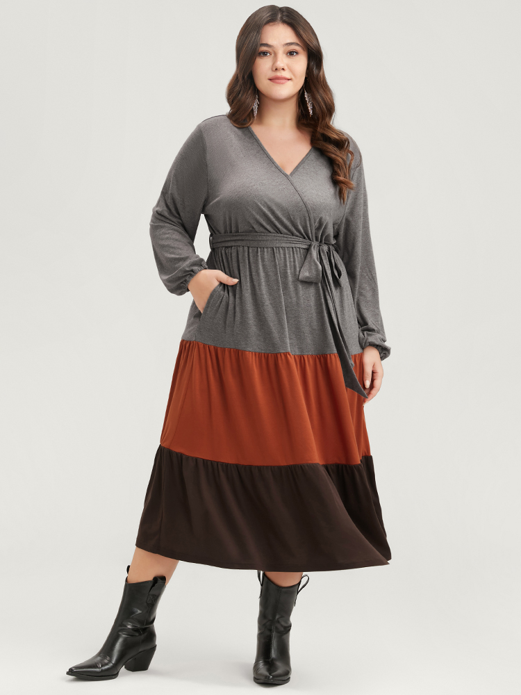 

Plus Size Colorblock Contrast Pocket Wrap Belted Ruffle Tiered Dress Multicolor Women Casual Belted V-neck Long Sleeve Curvy Midi Dress BloomChic