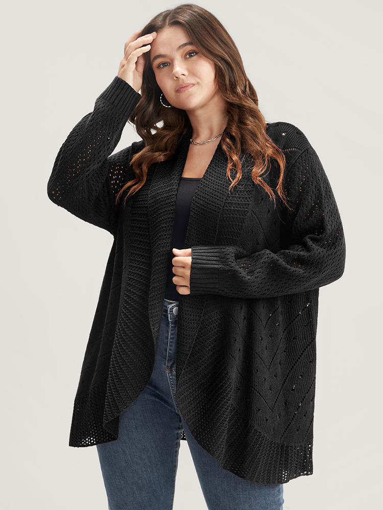 

Plus Size Solid Pointelle Knit Lapel Collar Geometric Crochet Open Front Cardigan Black Women Elegant Loose Long Sleeve Dailywear Cardigans BloomChic