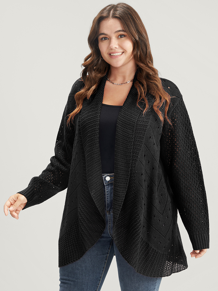 

Plus Size Solid Pointelle Knit Lapel Collar Geometric Crochet Open Front Cardigan Black Women Elegant Loose Long Sleeve Dailywear Cardigans BloomChic