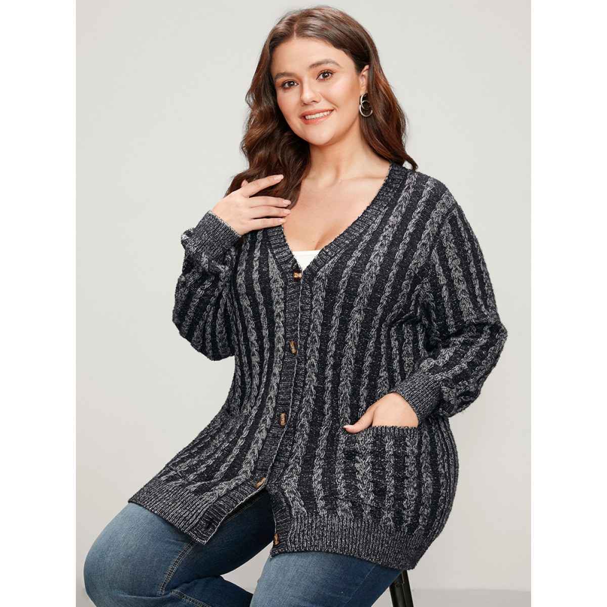 

Plus Size Striped Contrast Pointelle Knit Pocket Button Front Heather Cardigan DimGray Women Casual Loose Long Sleeve Everyday Cardigans BloomChic