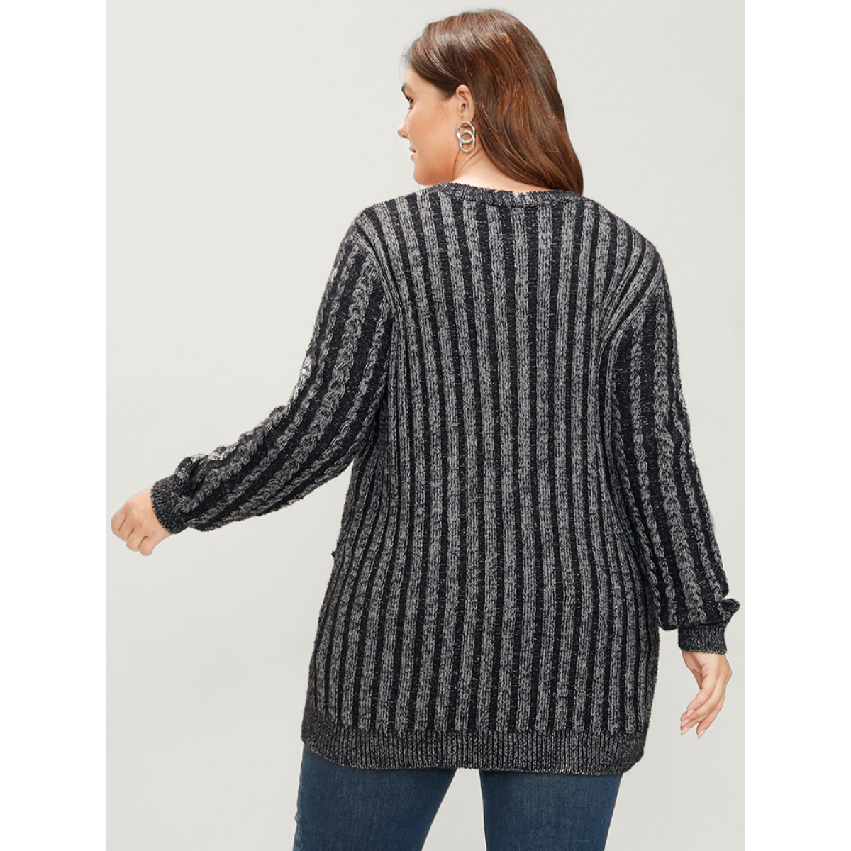 

Plus Size Striped Contrast Pointelle Knit Pocket Button Front Heather Cardigan DimGray Women Casual Loose Long Sleeve Everyday Cardigans BloomChic