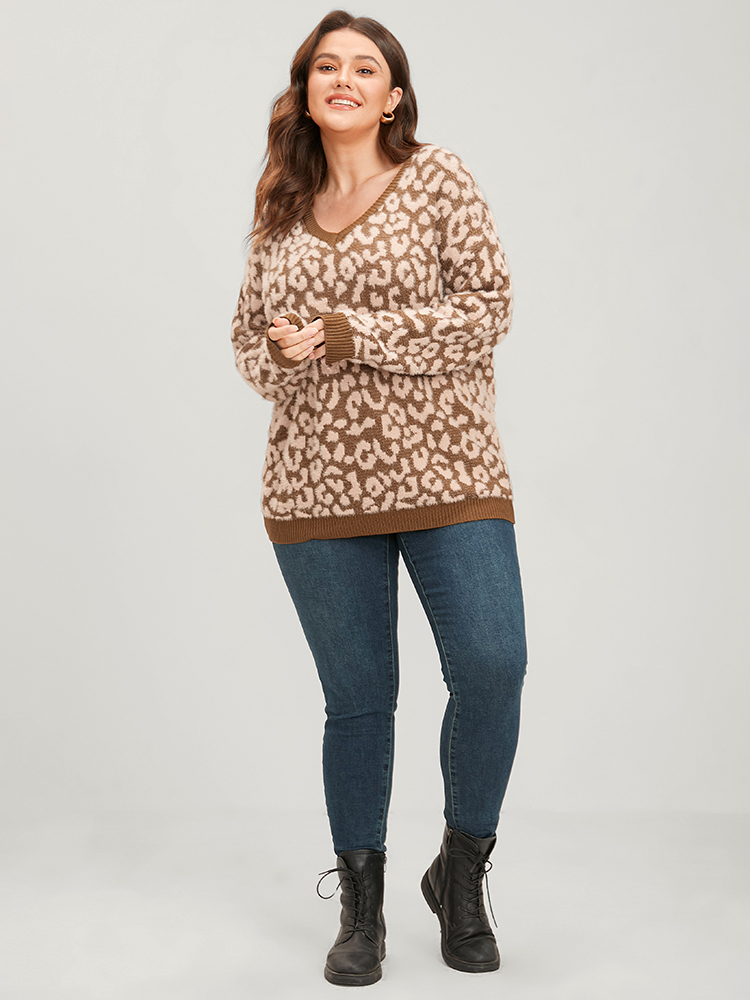 Leopard Pointelle Knit V Neck Fluffy Knit Top BloomChic 