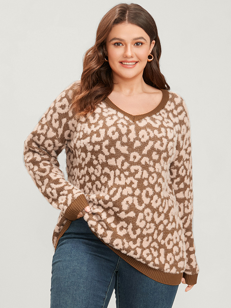 Leopard Pointelle Knit V Neck Fluffy Knit Top BloomChic 