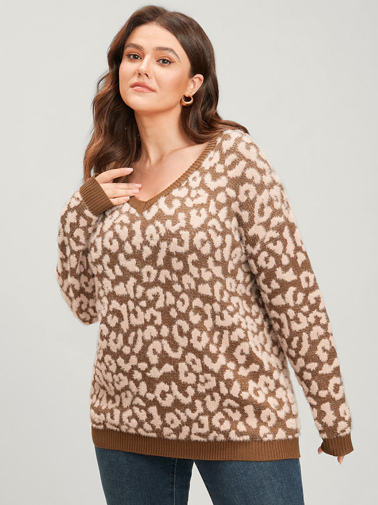 Leopard Pointelle Knit V Neck Fluffy Knit Top BloomChic 