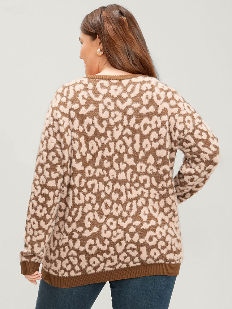Leopard Pointelle Knit V Neck Fluffy Knit Top BloomChic 