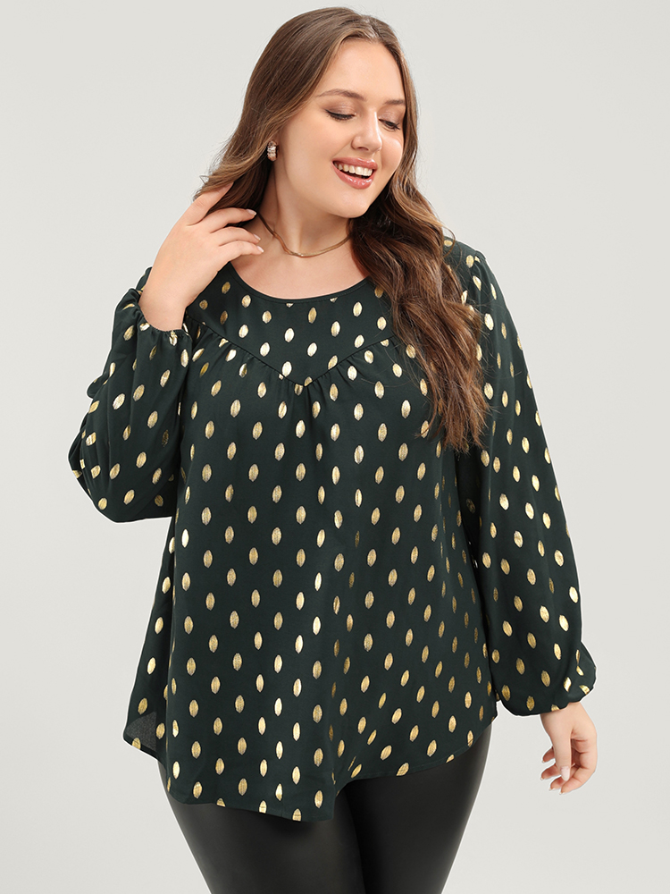 

Plus Size DarkGreen Polka Dot Round Neck Lantern Sleeve Blouse Women Party Long Sleeve Round Neck Going out Blouses BloomChic