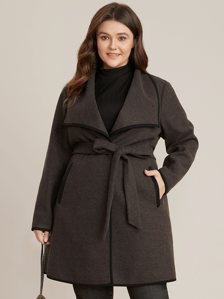 

Plus Size Contrast Trim Pocket Belted Lapel Collar Coat Women DarkBrown Office Belted Ladies Work Winter Coats BloomChic