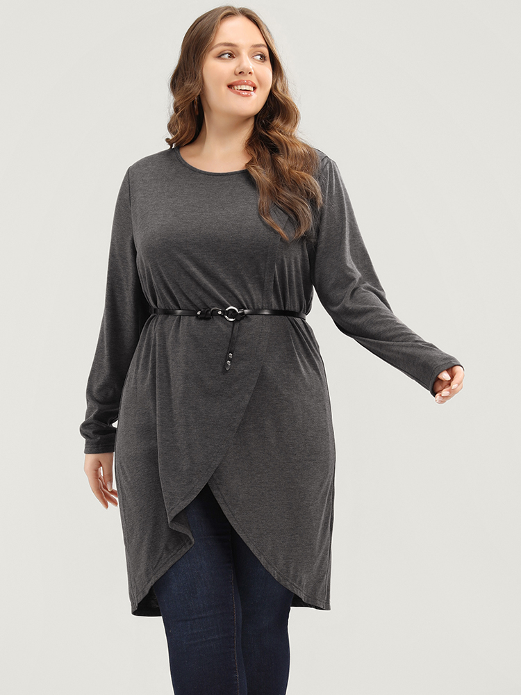 

Plus Size Solid Round Neck Asymmetrical Hem Long Tee DimGray Round Neck Long Sleeve Casual Jersey Tops