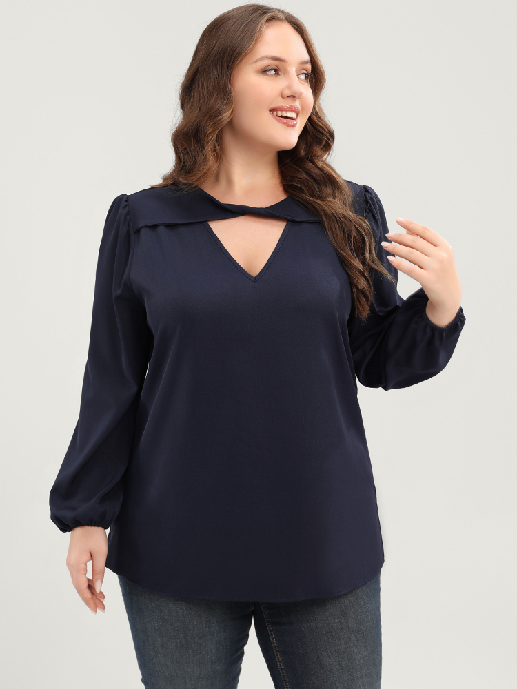 

Plus Size Midnight Solid Lantern Sleeve Cut Out Blouse Women Elegant Long Sleeve Round Neck Dailywear Blouses BloomChic