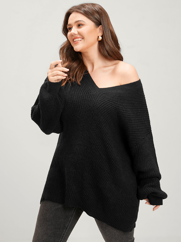 

Plus Size Solid Pointelle Knit Loose V Neck Knit Top Black Women Casual Loose Long Sleeve V-neck Dailywear Pullovers BloomChic