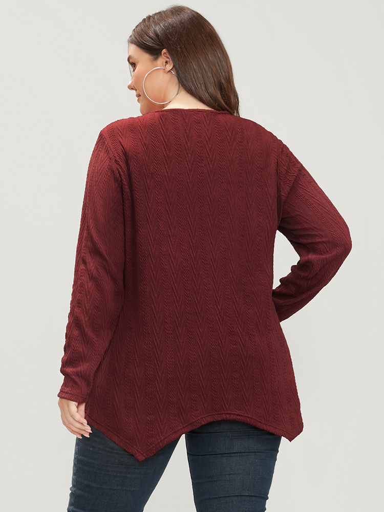 

Plus Size Solid V Neck Lace Trim Asymmetrical Hem Long Tee Burgundy V-neck Long Sleeve Elegant Jersey Tops