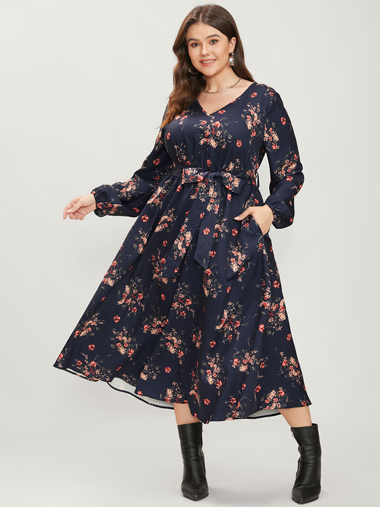 

Plus Size Floral Print V Neck Lantern Sleeve Pocket Belted Dress Navy Women Elegant Elastic Waist V-neck Long Sleeve Curvy Midi Dress BloomChic