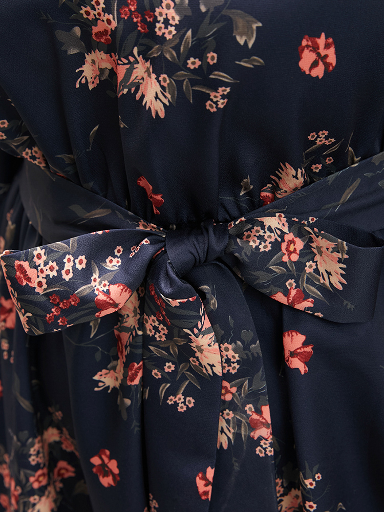 

Plus Size Floral Print V Neck Lantern Sleeve Pocket Belted Dress Navy Women Elegant Elastic Waist V-neck Long Sleeve Curvy Midi Dress BloomChic