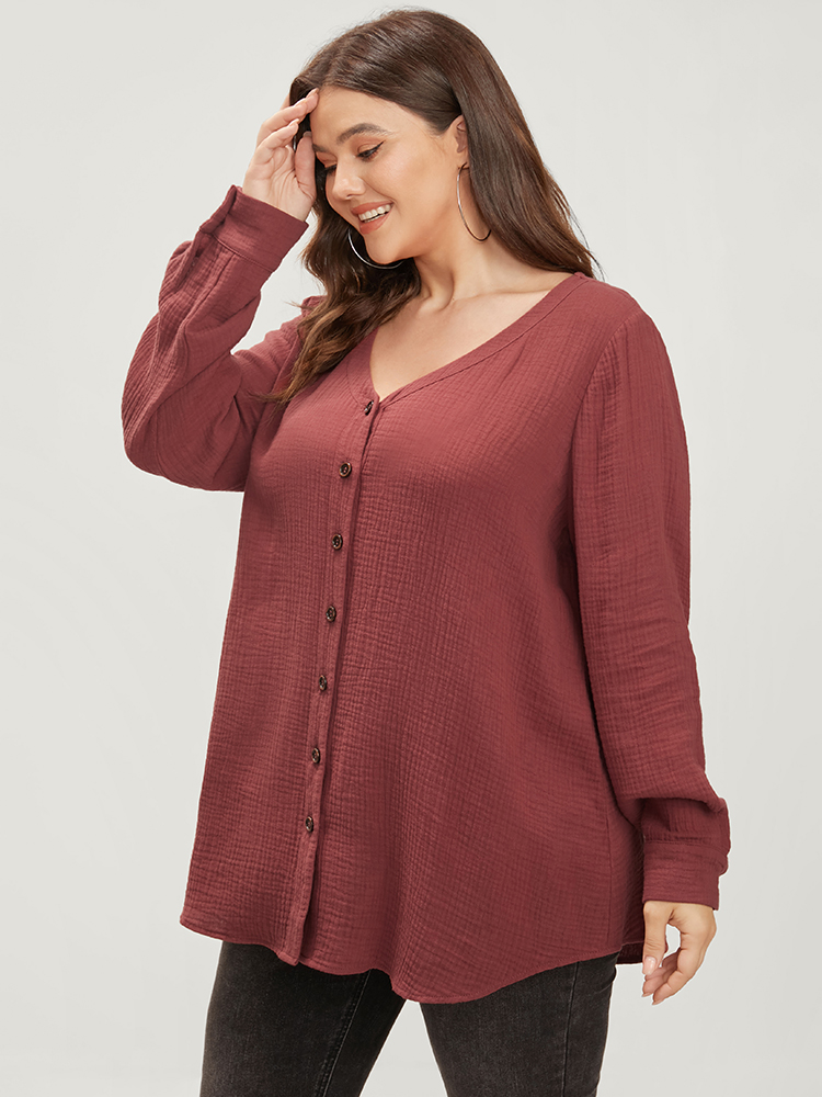 

Plus Size Solid V Neck Button Up Asymmetrical Hem Blouse Russet Long Sleeve V-neck Office Shirts