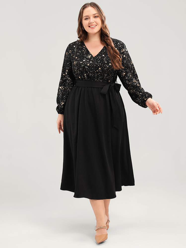 

Plus Size Star Print V Neck Pocket Lantern Sleeve Belted Midi Dress Black Women Party V-neck Long Sleeve Curvy Midi Dress BloomChic