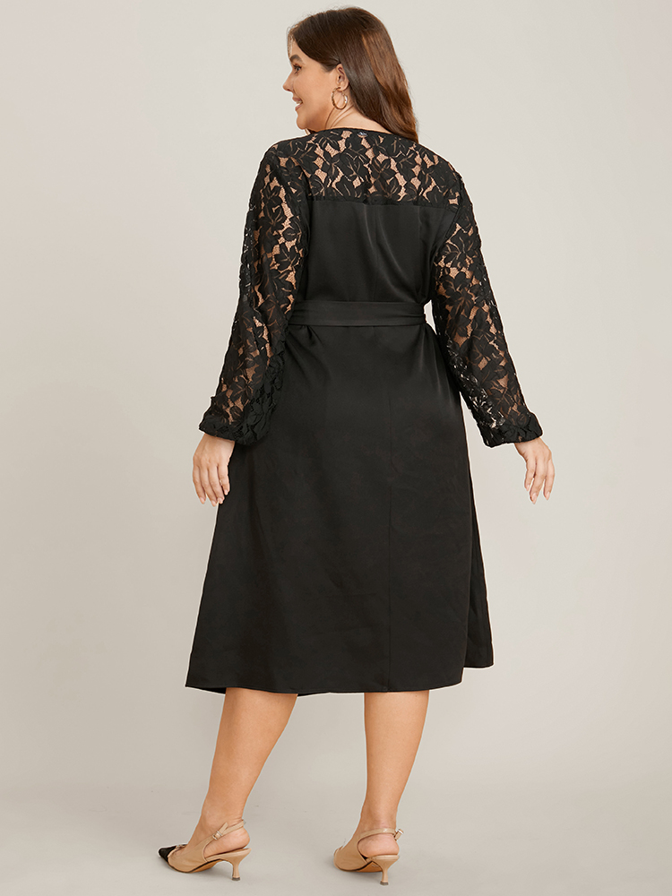 Plus Size Women Going out Plain Patchwork Regular Sleeve Long Sleeve Round Neck Pocket Belt Glamour Dresses BloomChic 