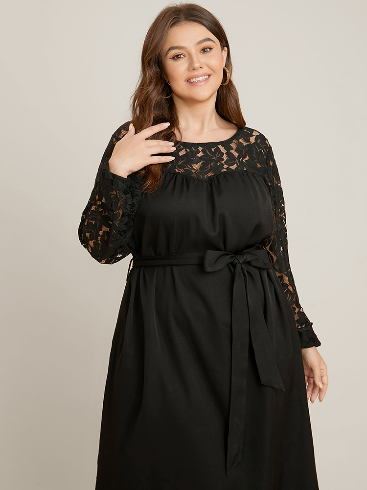 

Plus Size Solid Round Neck Belted Contrast Lace Midi Dress Black Women Glamour Patchwork Round Neck Long Sleeve Curvy Midi Dress BloomChic