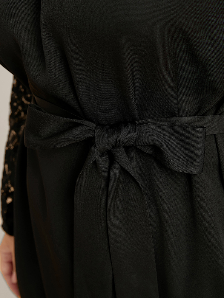 Plus Size Women Going out Plain Patchwork Regular Sleeve Long Sleeve Round Neck Pocket Belt Glamour Dresses BloomChic 