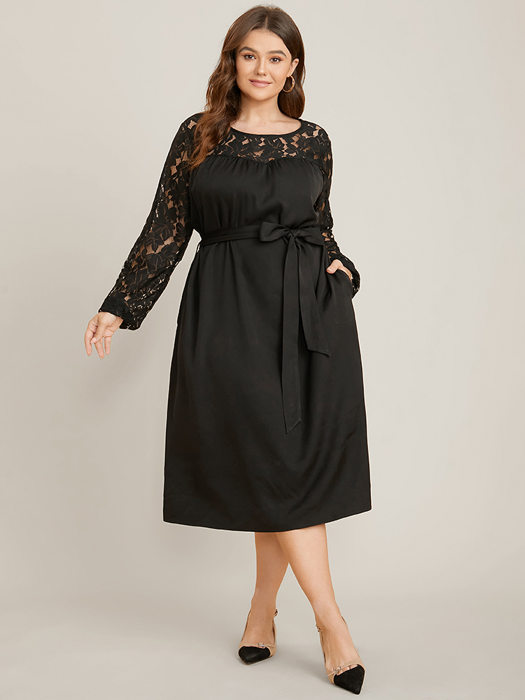 Plus Size Women Going out Plain Patchwork Regular Sleeve Long Sleeve Round Neck Pocket Belt Glamour Dresses BloomChic 