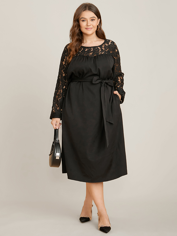 Plus Size Women Going out Plain Patchwork Regular Sleeve Long Sleeve Round Neck Pocket Belt Glamour Dresses BloomChic 