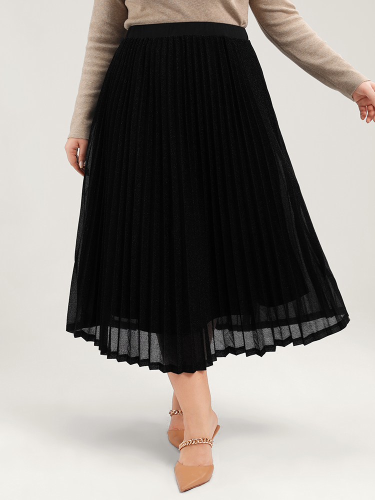 

Plus Size Solid Pleated Mesh Elastic Waist Skirt Women Black Glamour Pleated No stretch Going out Skirts BloomChic