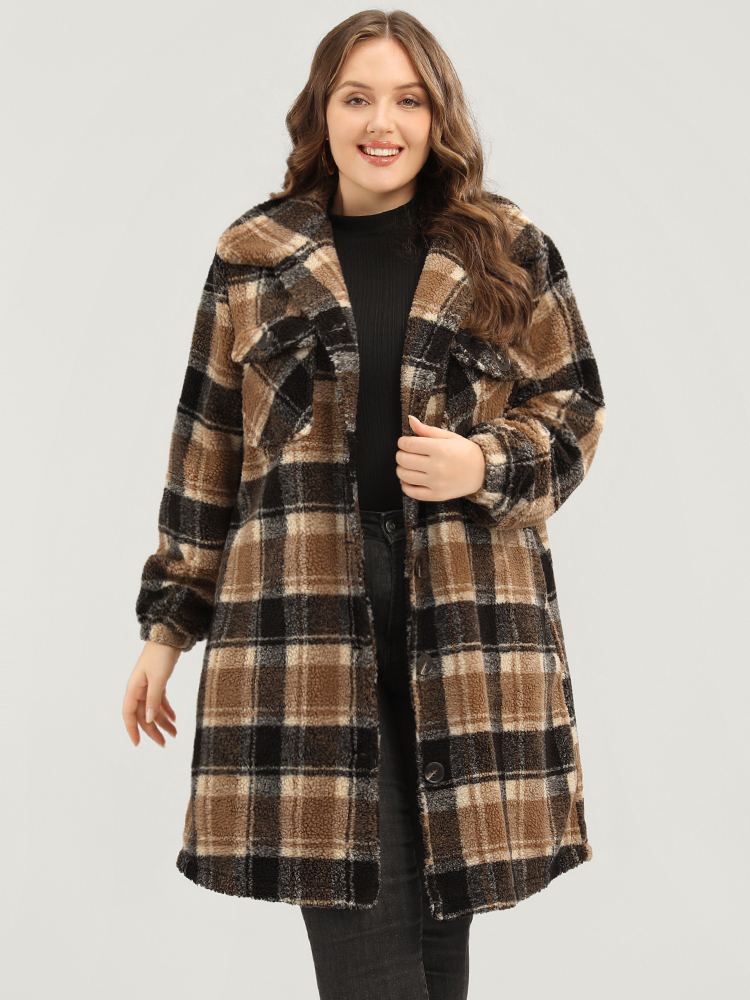 

Plus Size Plaid Flap Pocket Button Up Teddy Coat Women Bronze Elegant Button Ladies Dailywear Winter Coats BloomChic